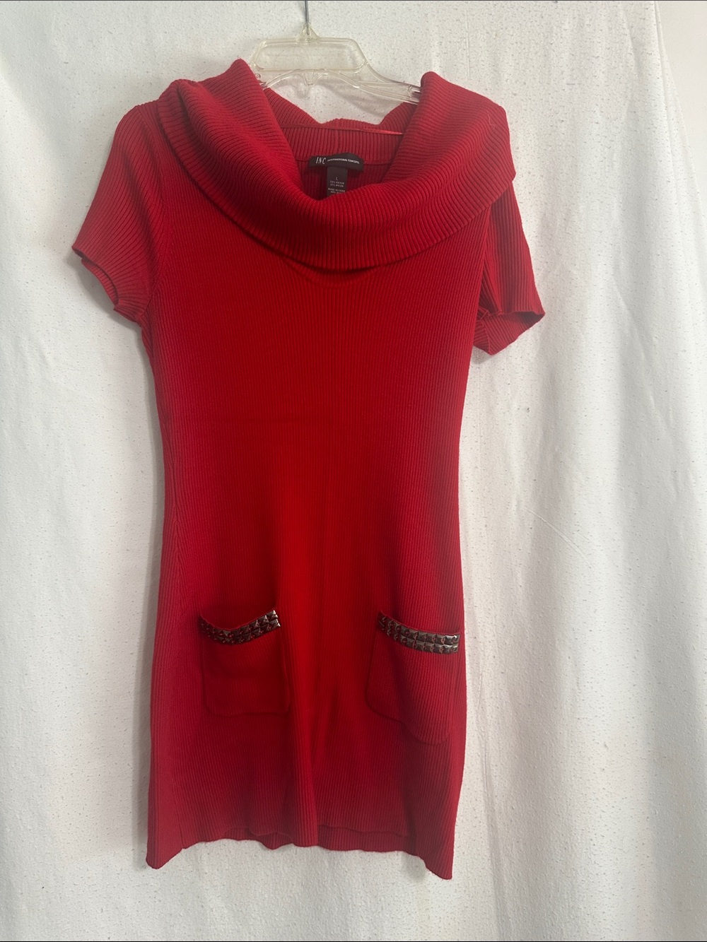 INC  Red Ribbed Cowl Neck Short-Sleeve Sweater Dress